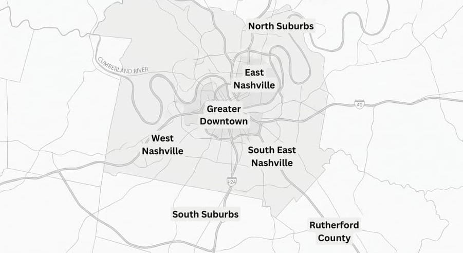 Map of the Nashville area divided into major regions.