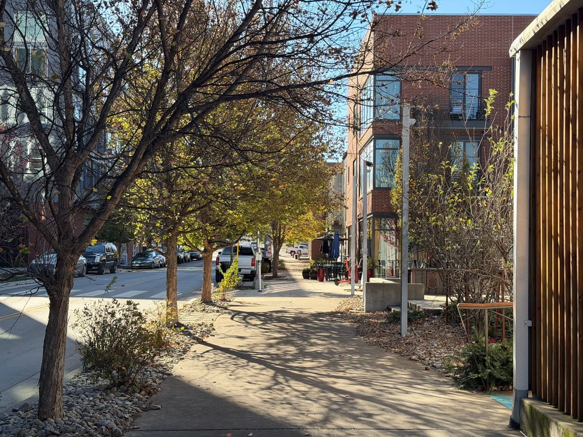 Sunlit sidewalk along Martin Street with mixed-use buildings and an open, walkable streetscape in Wedgewood-Houston.